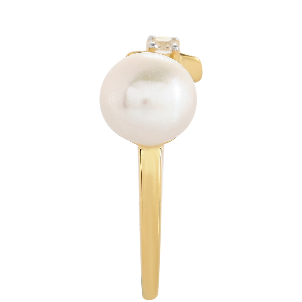 Pozlacené Stříbro 925/1000 - Prsten s Barokní Sladkovodní Kultivovanou Perlou a Bílým Topazem - Karátové číslo: 2.94. přibližná hmotnost: 2.37 gramů 4 