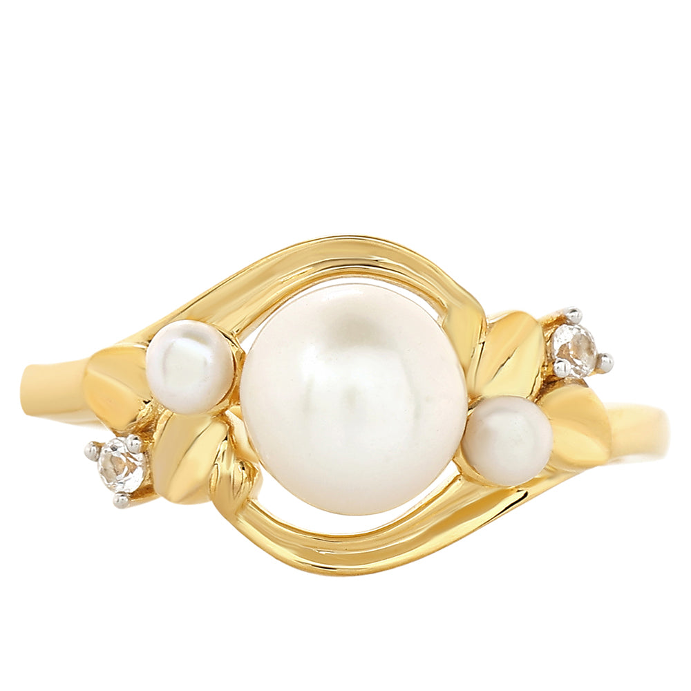 Pozlacené Stříbro 925/1000 - Prsten s Barokní Sladkovodní Kultivovanou Perlou a Bílým Topazem - Karátové číslo: 2.3. přibližná hmotnost: 3.17 gramů