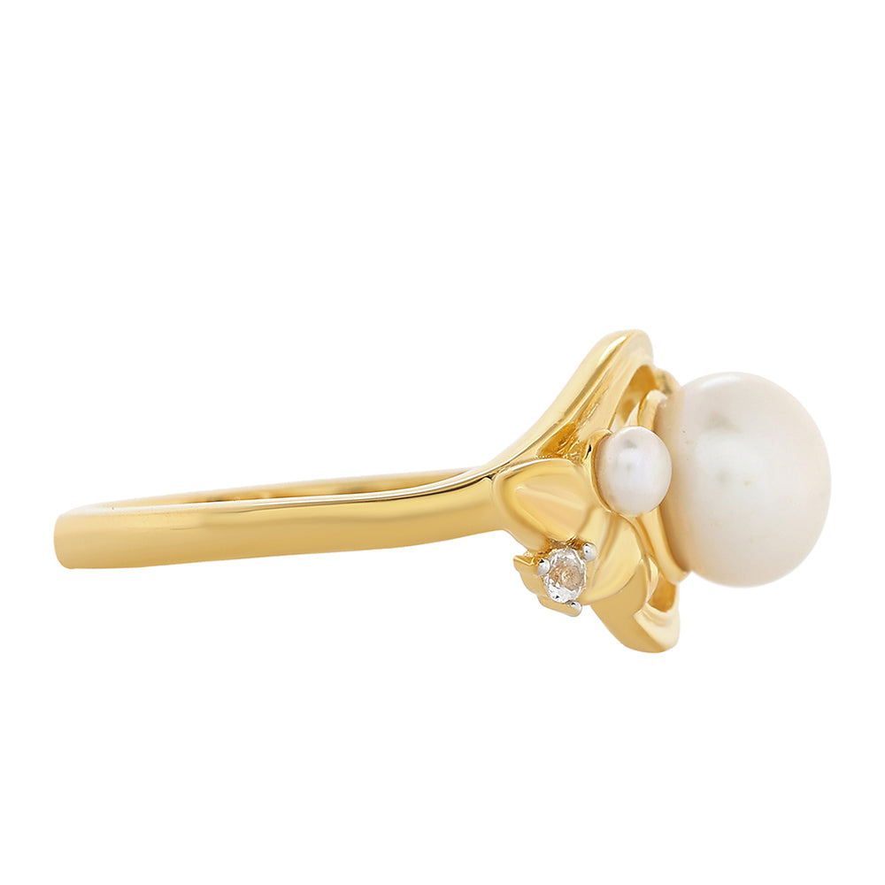 Pozlacené Stříbro 925/1000 - Prsten s Barokní Sladkovodní Kultivovanou Perlou a Bílým Topazem - Karátové číslo: 2.3. přibližná hmotnost: 3.17 gramů 2 