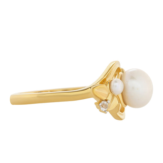 Pozlacené Stříbro 925/1000 - Prsten s Barokní Sladkovodní Kultivovanou Perlou a Bílým Topazem - Karátové číslo: 2.3. přibližná hmotnost: 3.17 gramů