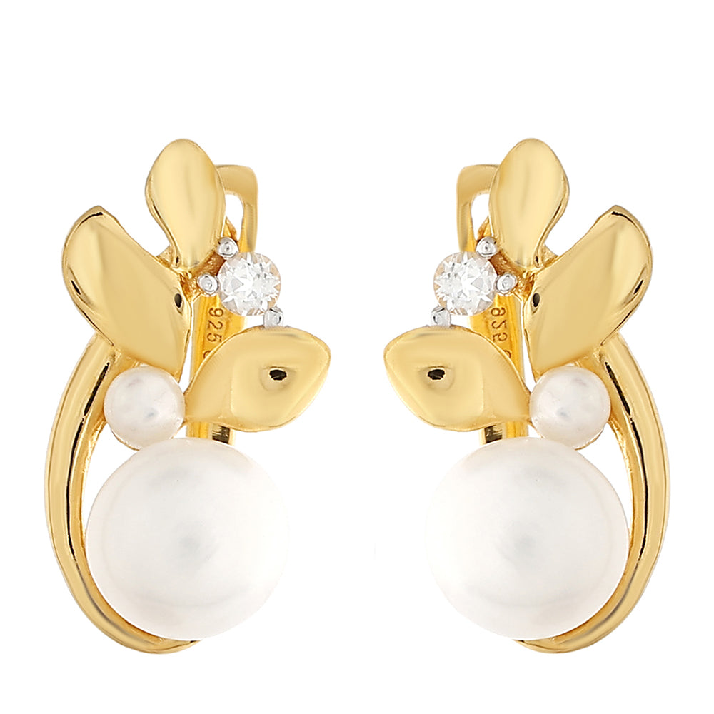 Pozlacené Stříbro 925/1000 - Náušnice s Barokní Sladkovodní Kultivovanou Perlou a Bílým Topazem - Karátové číslo: 4.28. přibližná hmotnost: 3.42 gramů