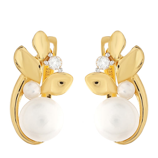 Pozlacené Stříbro 925/1000 - Náušnice s Barokní Sladkovodní Kultivovanou Perlou a Bílým Topazem - Karátové číslo: 4.28. přibližná hmotnost: 3.42 gramů