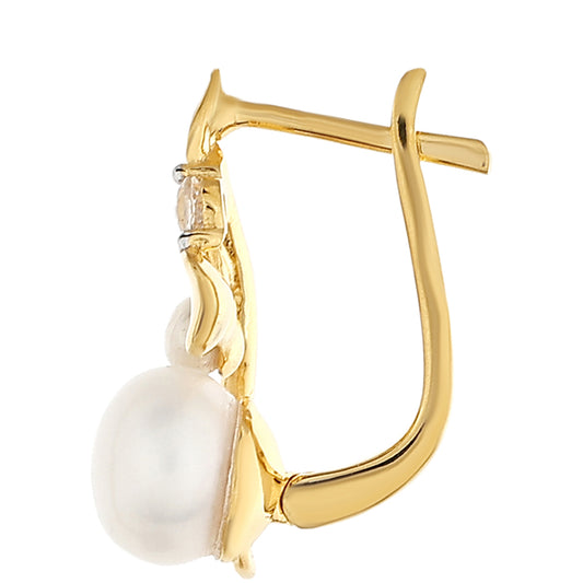Pozlacené Stříbro 925/1000 - Náušnice s Barokní Sladkovodní Kultivovanou Perlou a Bílým Topazem - Karátové číslo: 4.28. přibližná hmotnost: 3.42 gramů