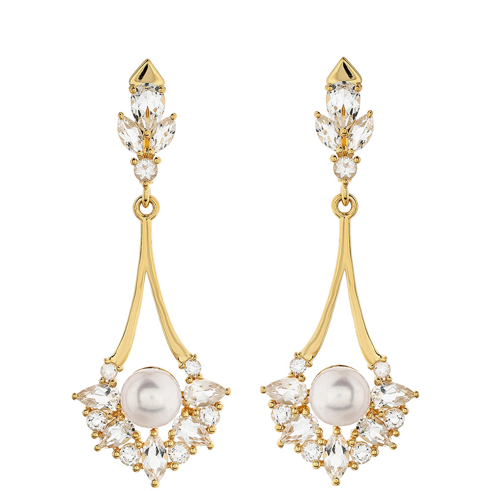 Pozlacené Stříbro 925/1000 - Náušnice s Barokní Sladkovodní Kultivovanou Perlou a Bílým Topazem - Karátové číslo: 10.28. přibližná hmotnost: 5.47 gramů 1 