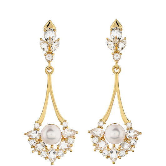 Pozlacené Stříbro 925/1000 - Náušnice s Barokní Sladkovodní Kultivovanou Perlou a Bílým Topazem - Karátové číslo: 10.28. přibližná hmotnost: 5.47 gramů