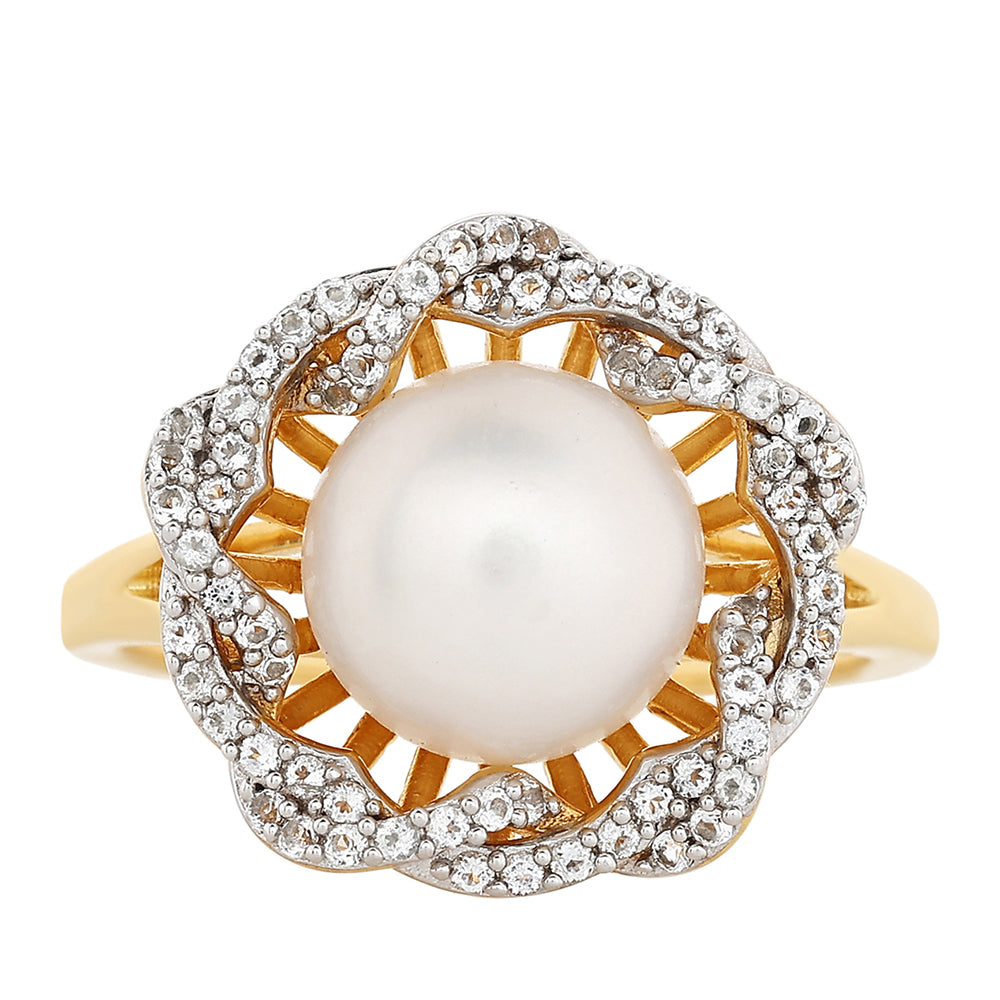 Pozlacené Stříbro 925/1000 - Prsten s Barokní Sladkovodní Kultivovanou Perlou a Bílým Topazem - Karátové číslo: 4.47. přibližná hmotnost: 4.93 gramů 1 