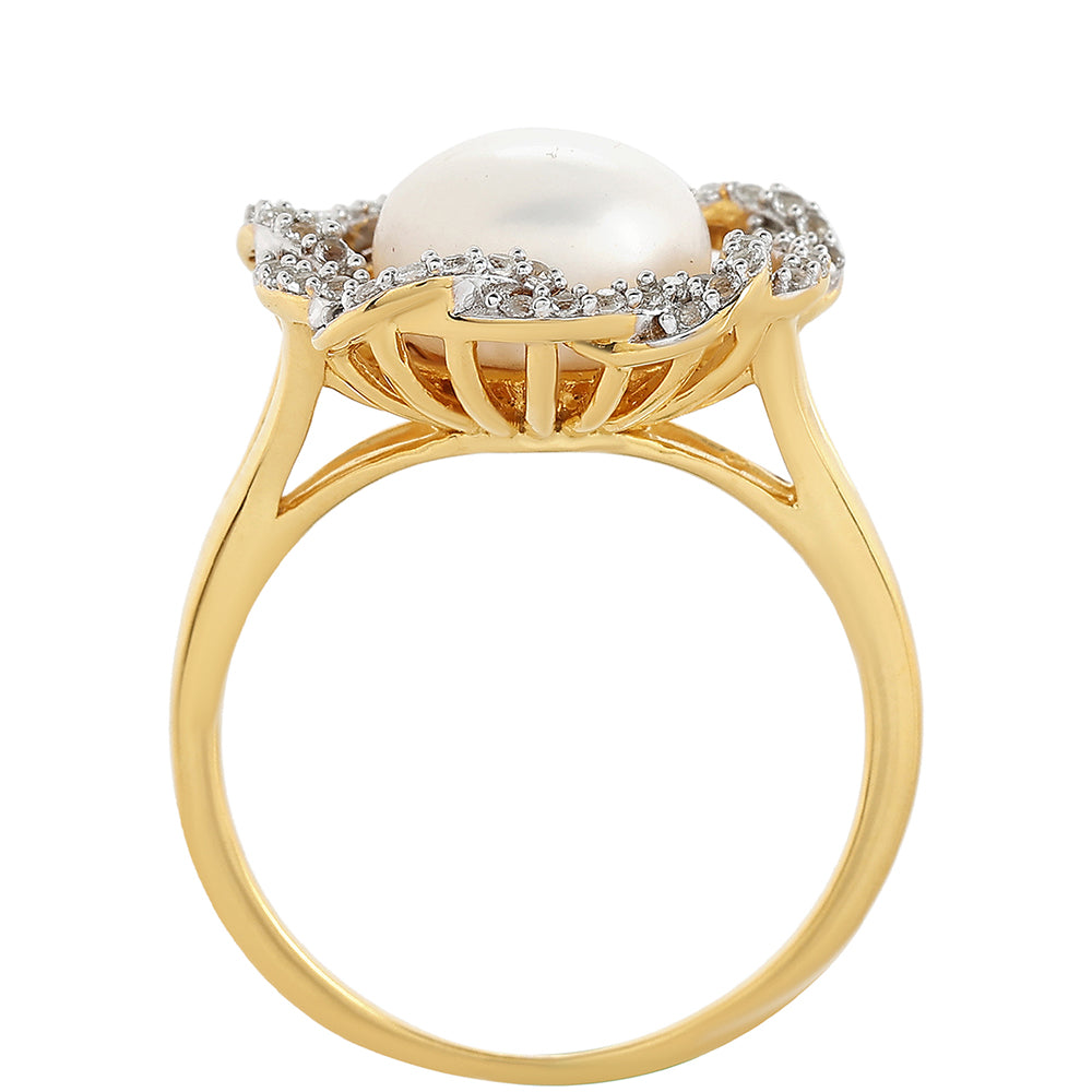 Pozlacené Stříbro 925/1000 - Prsten s Barokní Sladkovodní Kultivovanou Perlou a Bílým Topazem - Karátové číslo: 4.47. přibližná hmotnost: 4.93 gramů 3 