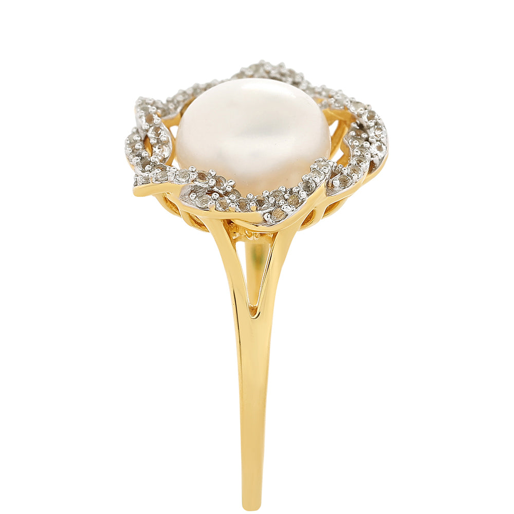 Pozlacené Stříbro 925/1000 - Prsten s Barokní Sladkovodní Kultivovanou Perlou a Bílým Topazem - Karátové číslo: 4.47. přibližná hmotnost: 4.93 gramů 4 