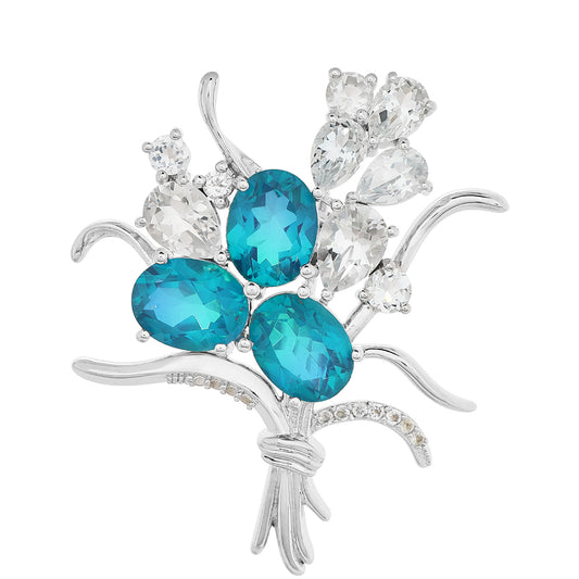 Stříbro 925/1000 - Brož s Pavím Křemenem a Bílým Topazem - Karátové číslo: 9.85. přibližná hmotnost: 8.51 gramů