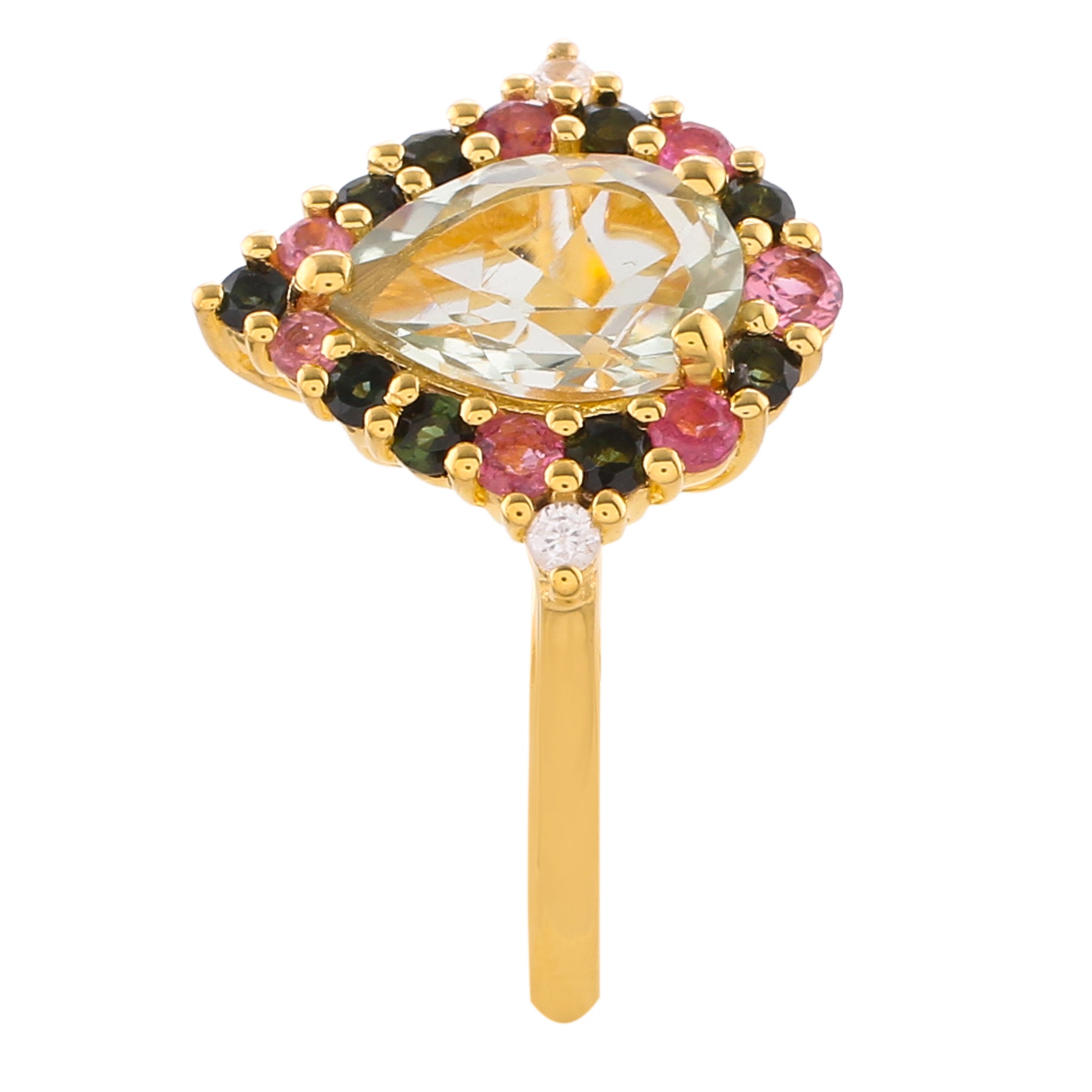 Pozlacený Stříbrný Prsten se Zeleným Ametystem a Růžovým Turmalínem 3 