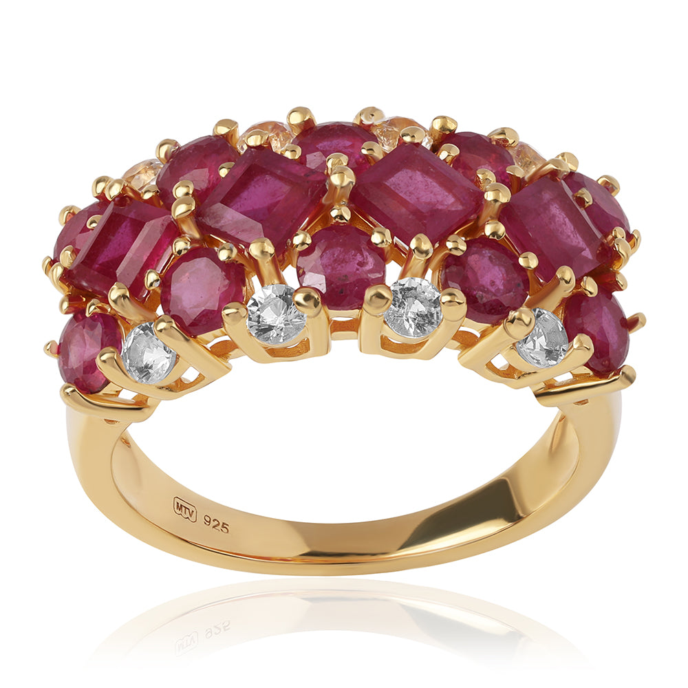 Pozlacený 925 / 1000 Sterlingové Stříbro Prsten s Mozambickým Rubínem a Bílým Topazem