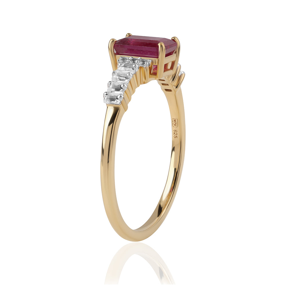 Pozlacené Sterlingové Stříbro 925 / 1000 - Prsten s Mozambickým Rubínem a Bílým Topazem