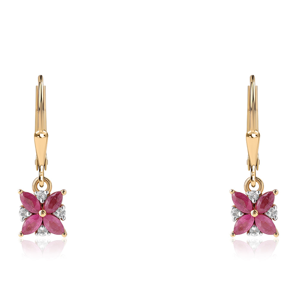 Pozlacené Stříbro 925/1000 - Náušnice s Mozambickým Rubínem a Bílým Topazem - Karátové číslo: 0.86. přibližná hmotnost: 1.79 gramů