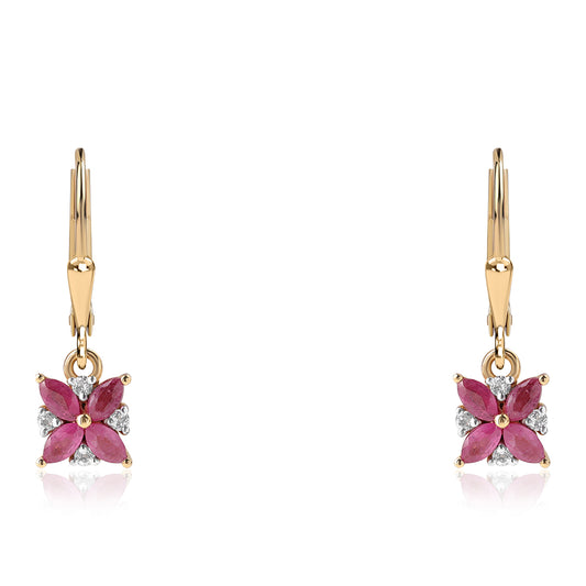 Pozlacené Stříbro 925/1000 - Náušnice s Mozambickým Rubínem a Bílým Topazem - Karátové číslo: 0.86. přibližná hmotnost: 1.79 gramů