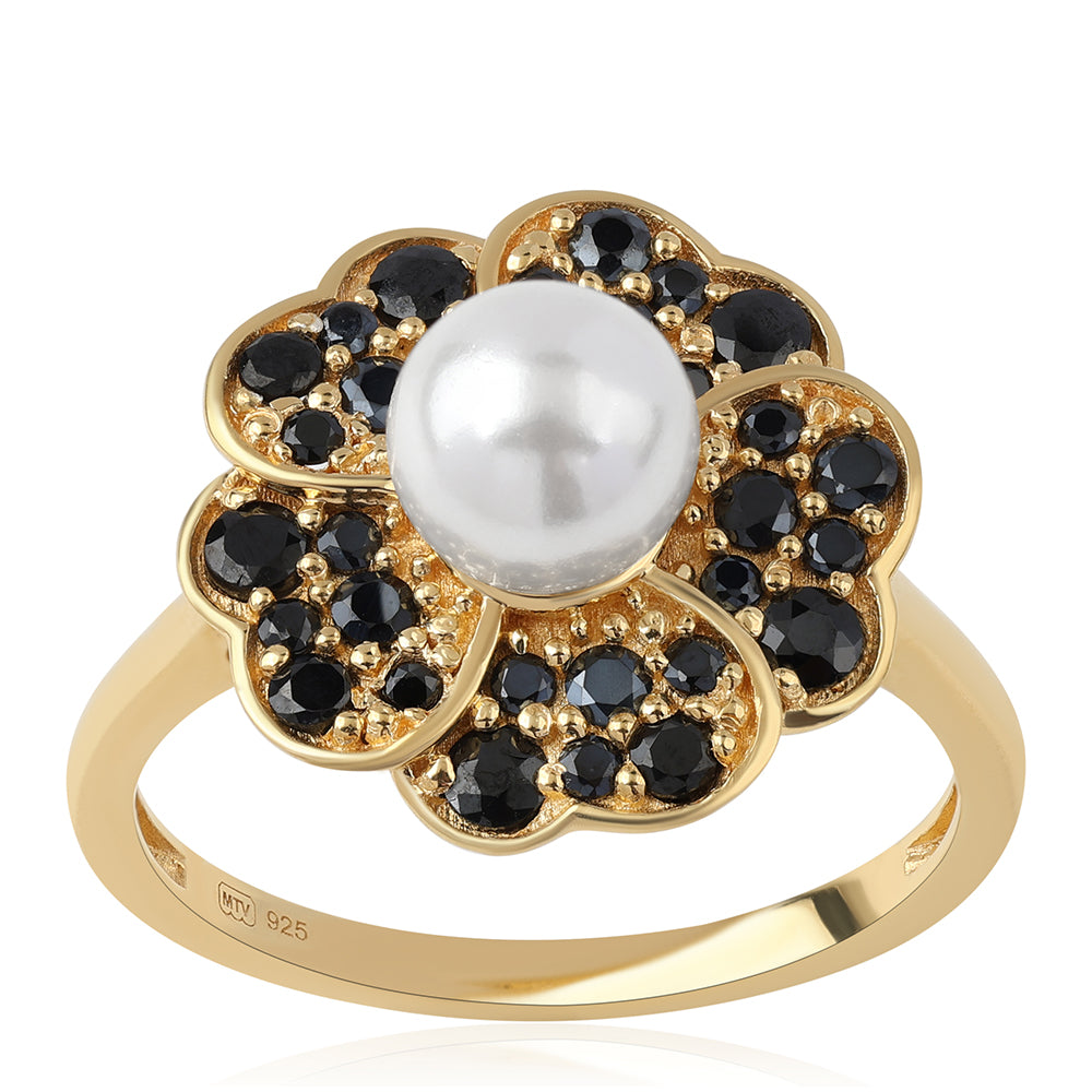 Pozlacené Stříbro 925/1000 - Prsten s Černým spinelem a Bílou Sladkovodní Perlou - Karátové číslo: 3.46. přibližná hmotnost: 4.85 gramů