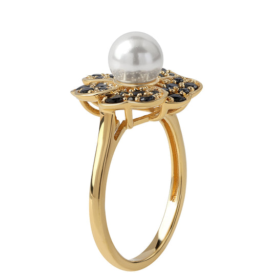 Pozlacené Stříbro 925/1000 - Prsten s Černým spinelem a Bílou Sladkovodní Perlou - Karátové číslo: 3.46. přibližná hmotnost: 4.85 gramů