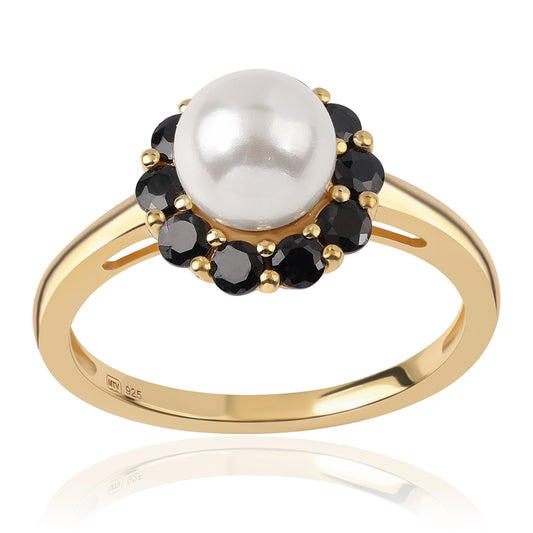 Pozlacený 925 / 1000 Sterlingové Stříbro Prsten s Černým spinelem a Bílou Sladkovodní Perlou