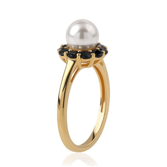 Pozlacený 925 / 1000 Sterlingové Stříbro Prsten s Černým spinelem a Bílou Sladkovodní Perlou