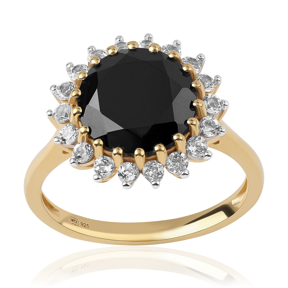 Pozlacený 925 / 1000 Sterlingové Stříbro Prsten s Černým spinelem a Bílým Topazem 1 