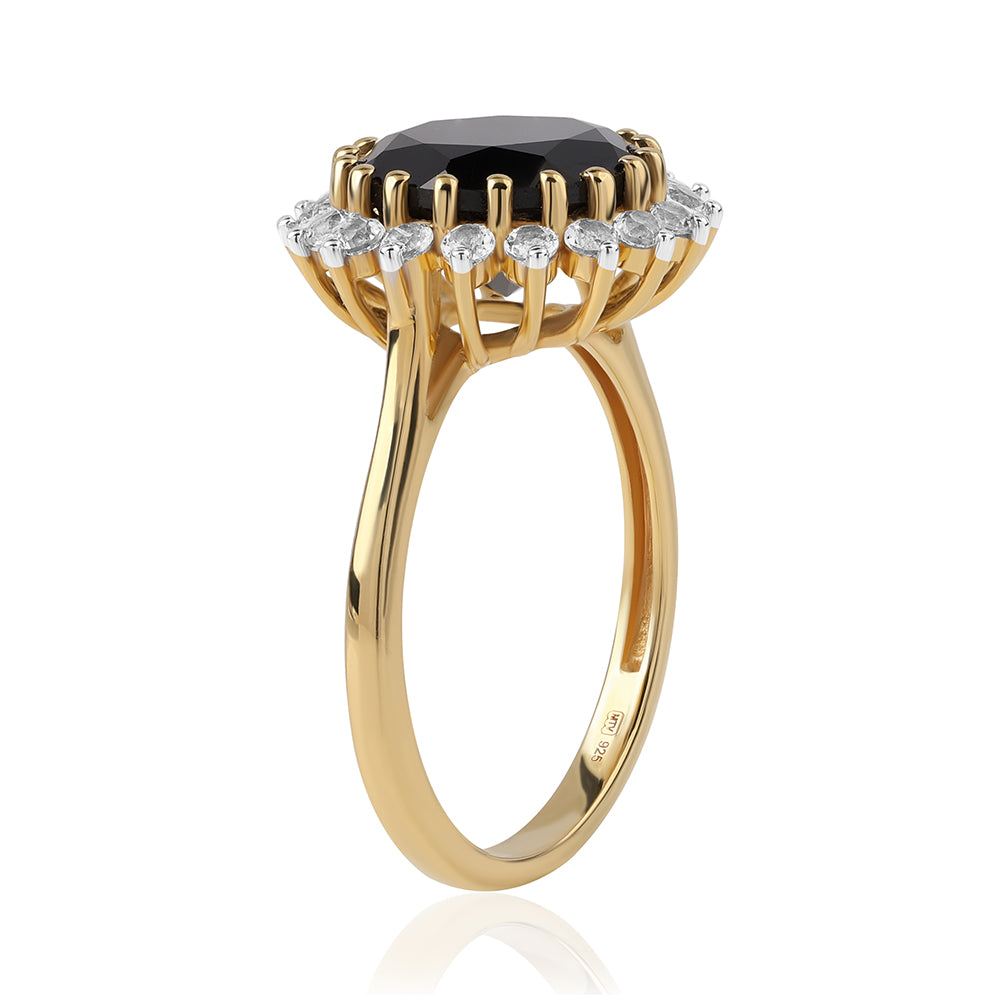 Pozlacený 925 / 1000 Sterlingové Stříbro Prsten s Černým spinelem a Bílým Topazem 2 