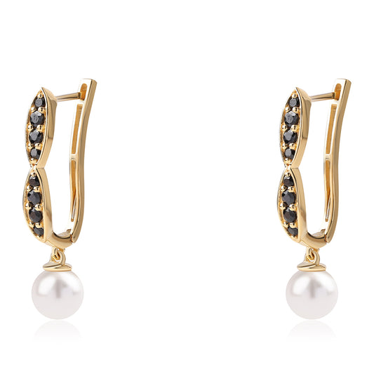 Pozlacené 925 / 1000 Sterlingové Stříbro Náušnice s Černým spinelem a Bílou Sladkovodní Perlou