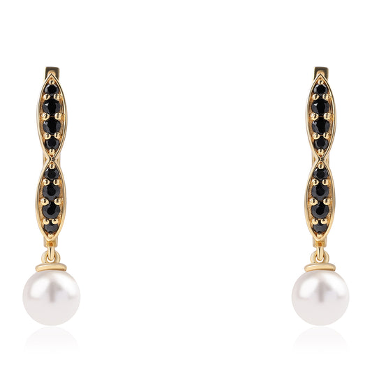Pozlacené 925 / 1000 Sterlingové Stříbro Náušnice s Černým spinelem a Bílou Sladkovodní Perlou