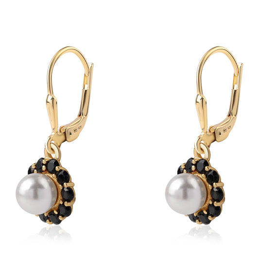 Pozlacené Stříbro 925/1000 - Náušnice s Černým spinelem a Bílou Sladkovodní Perlou - Karátové číslo: 3.42. přibližná hmotnost: 2.97 gramů