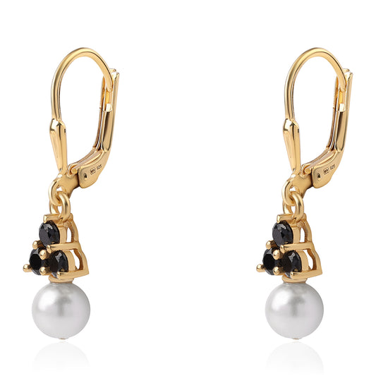 Pozlacené Stříbro 925/1000 - Náušnice s Černým spinelem a Bílou Sladkovodní Perlou - Karátové číslo: 3.73. přibližná hmotnost: 2.39 gramů