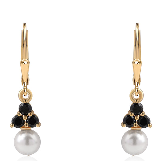 Pozlacené Stříbro 925/1000 - Náušnice s Černým spinelem a Bílou Sladkovodní Perlou - Karátové číslo: 3.73. přibližná hmotnost: 2.39 gramů