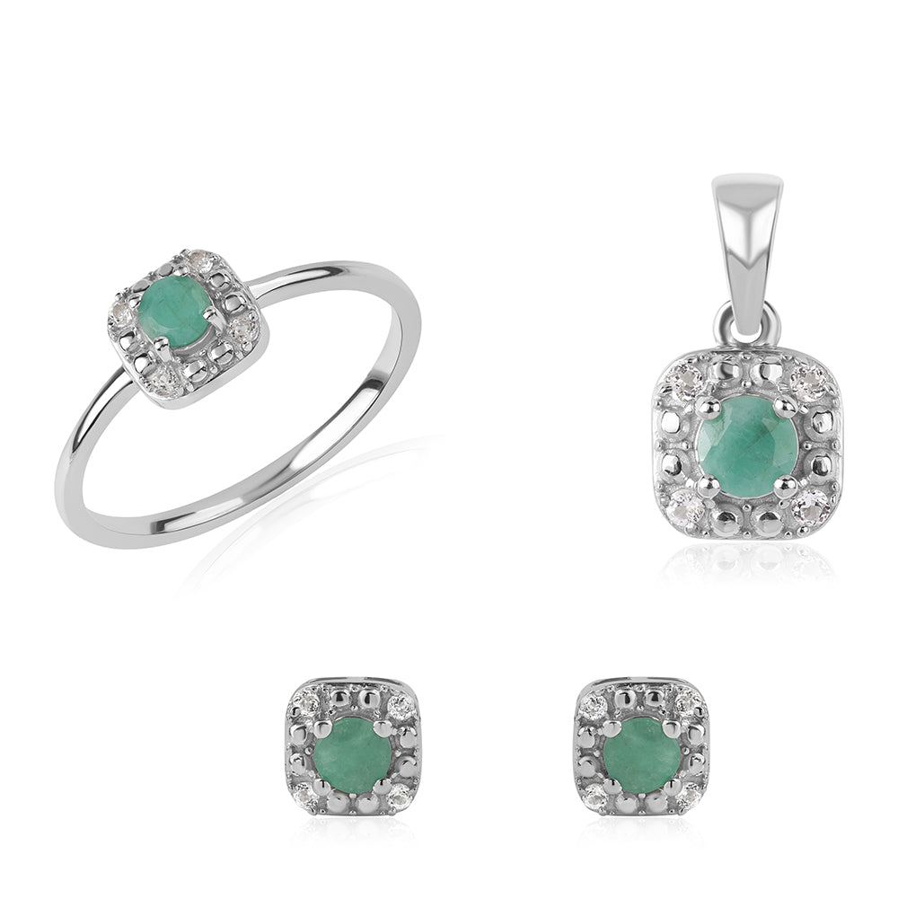 Stříbro 925/1000 - Sada s Brazilským Smaragdem a Bílým Topazem - Karátové číslo: 1.18. přibližná hmotnost: 4.37 gramů ( Náušnice+Prsten+Přívěsek )