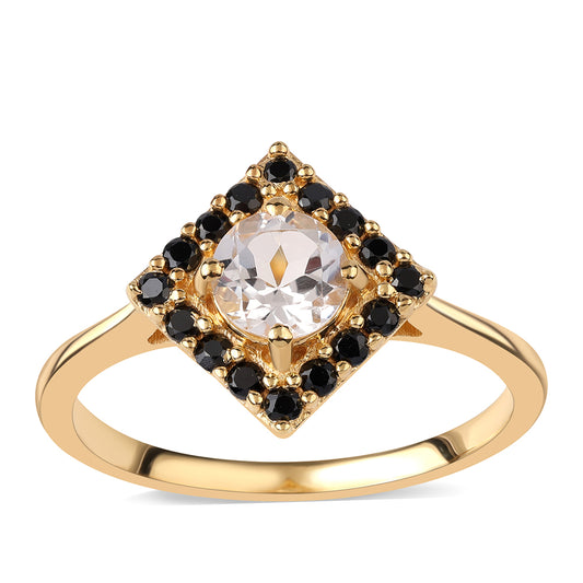 Pozlacené Sterlingové Stříbro 925 / 1000 - Prsten s Černým spinelem a Bílým Topazem