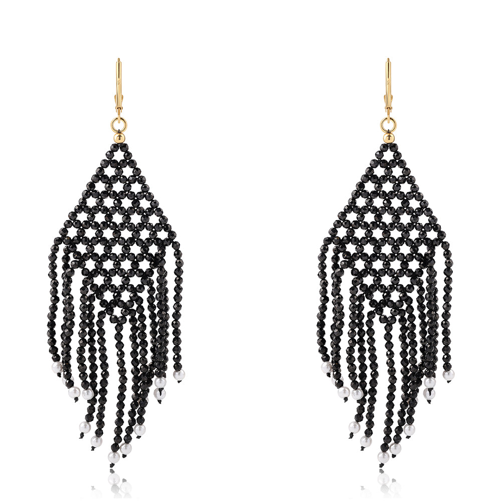 Pozlacené 925 / 1000 Sterlingové Stříbro Náušnice s Černým spinelem a Bílou Sladkovodní Perlou 2 