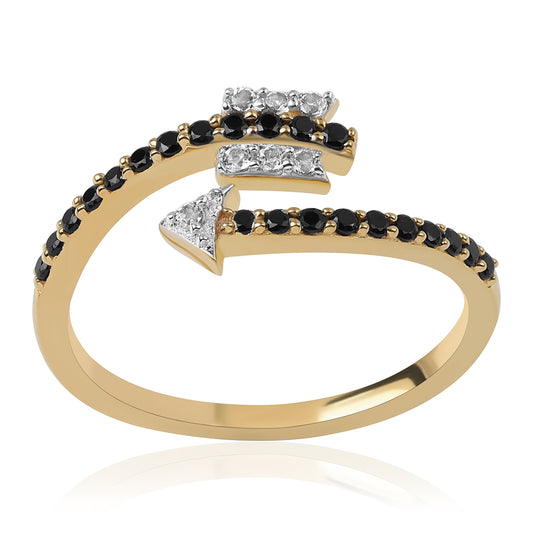 Pozlacené Stříbro 925/1000 - Prsten s Černým spinelem a Bílým Topazem - Karátové číslo: 0.48. přibližná hmotnost: 2.17 gramů