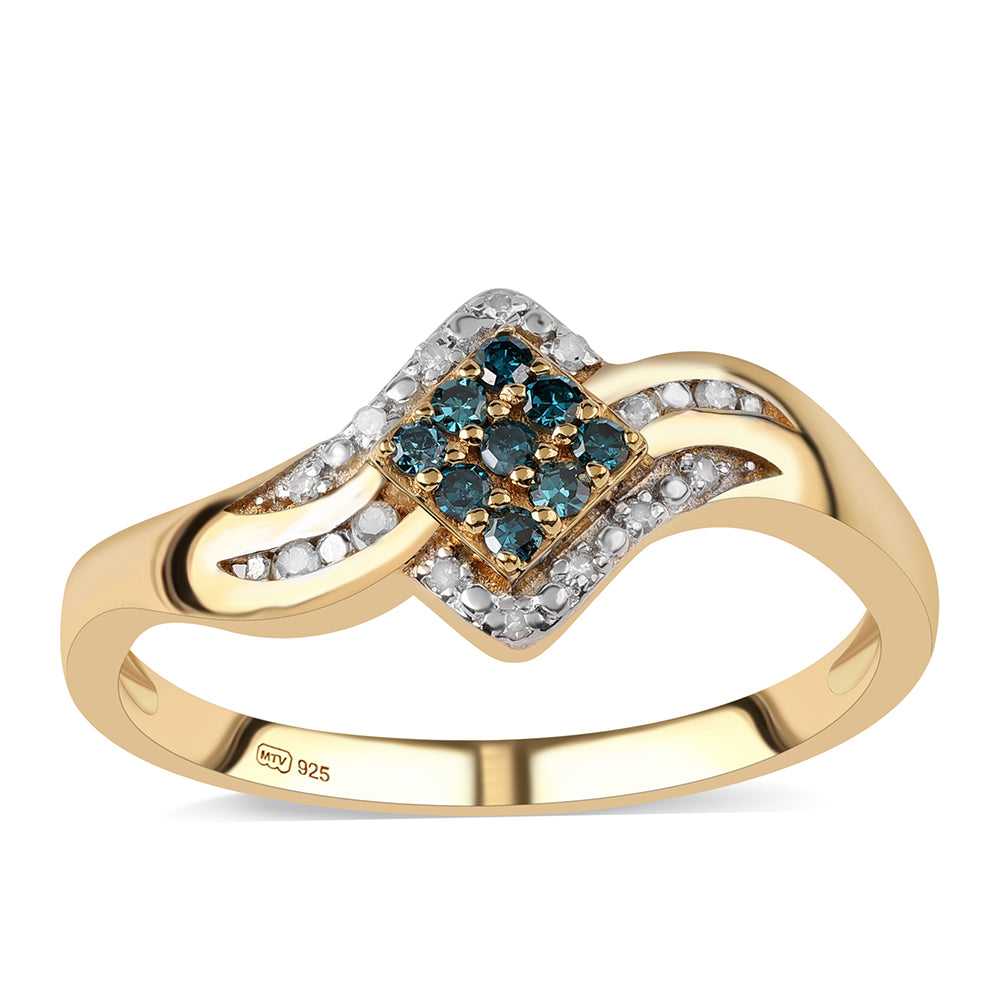 Pozlacené Stříbro 925/1000 - Prsten s Modrým Diamantem a Bílým Diamantem - Karátové číslo: 0.18. přibližná hmotnost: 2.19 gramů 1 