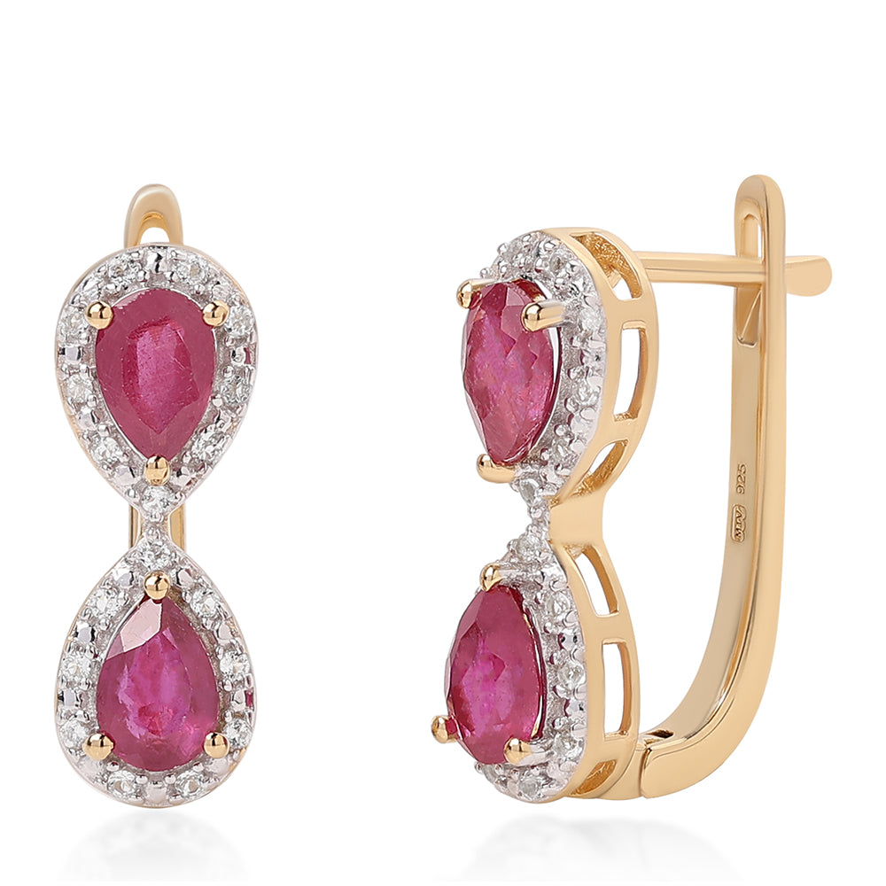Pozlacené 925 / 1000 Sterlingové Stříbro Náušnice s Thajským Rubínem a Bílým Topazem 1 