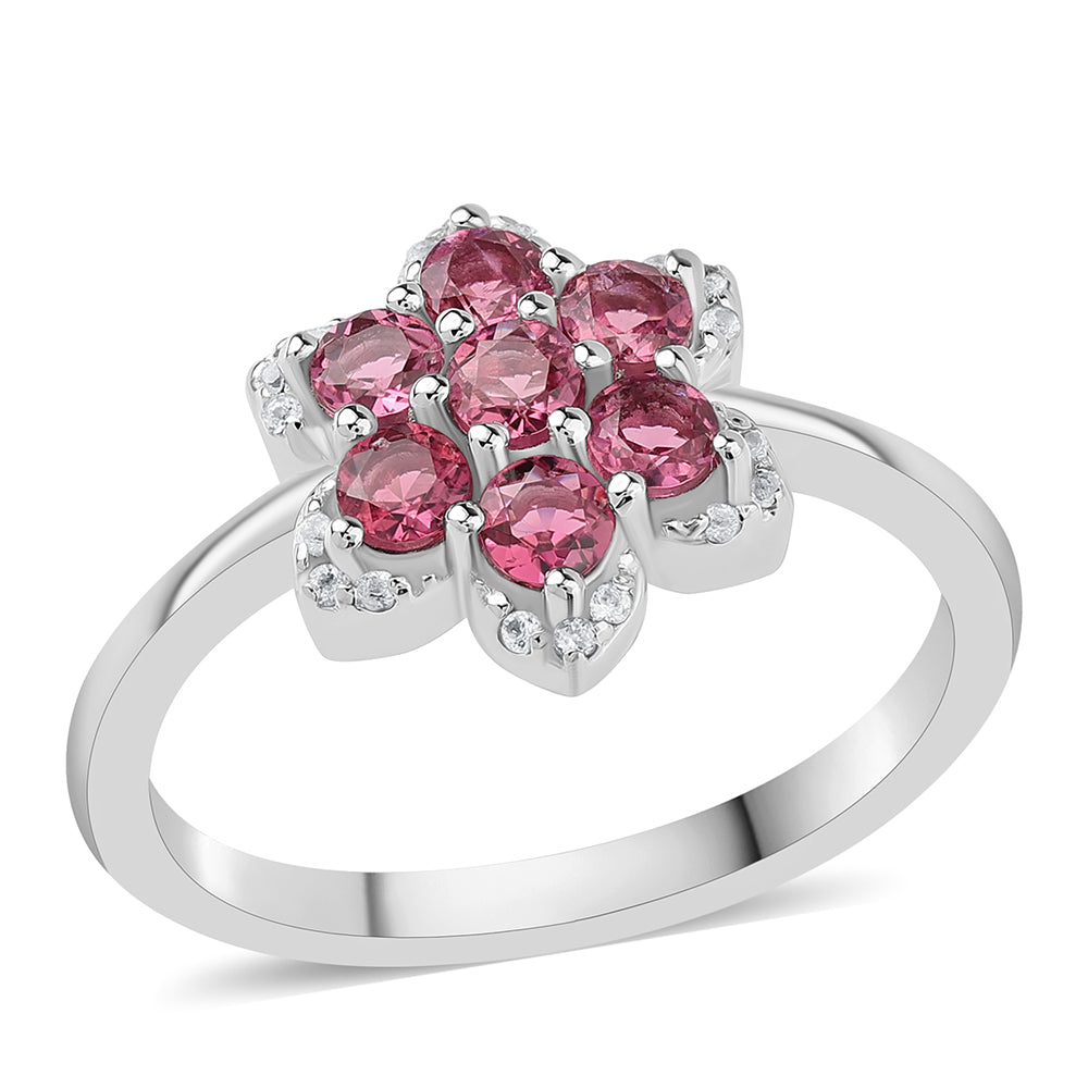 Stříbro 925/1000 - Prsten s Cruizero Rubelitem a Bílým Topazem - Karátové číslo: 1.34. přibližná hmotnost: 3.2 gramů