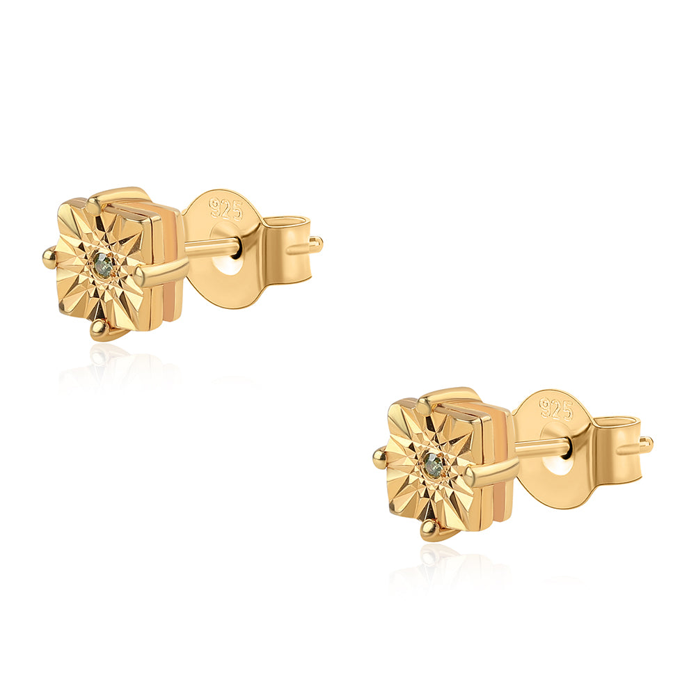 Pozlacené Stříbro 925/1000 - Náušnice se Zeleným Diamantem - Karátové číslo: 0.01. přibližná hmotnost: 1.22 gramů