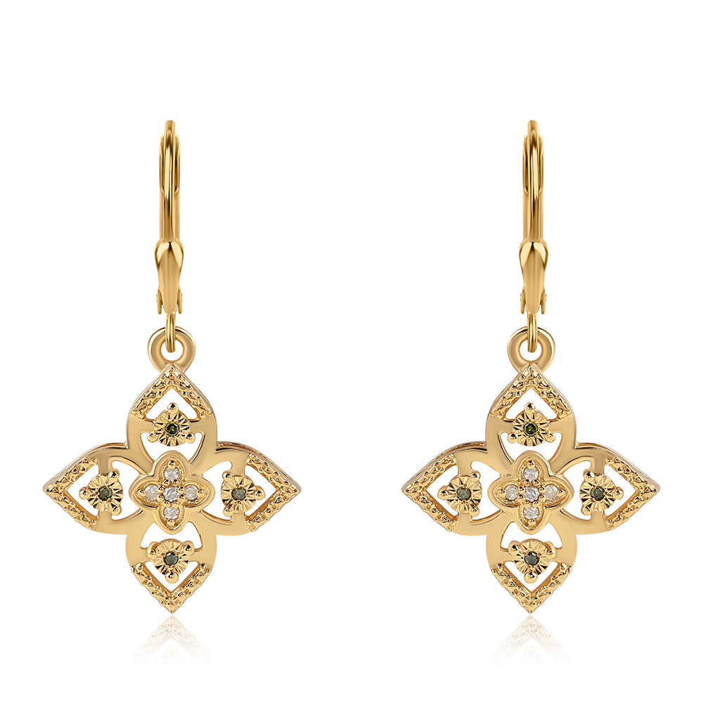 Pozlacené 925 / 1000 Sterlingové Stříbro Náušnice se Zeleným Diamantem a Bílým Diamantem 1 