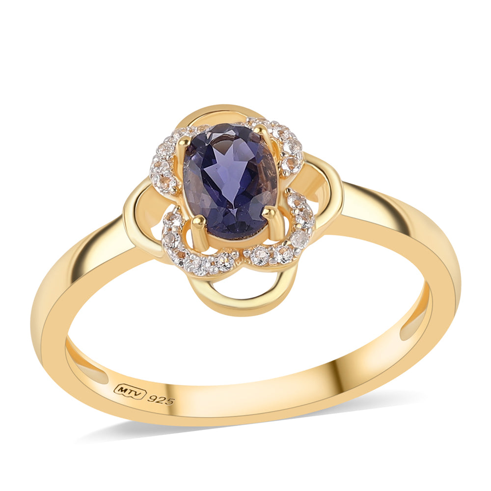 Pozlacený 925 / 1000 Sterlingové Stříbro Prsten s Iolitem a Bílým Topazem 1 