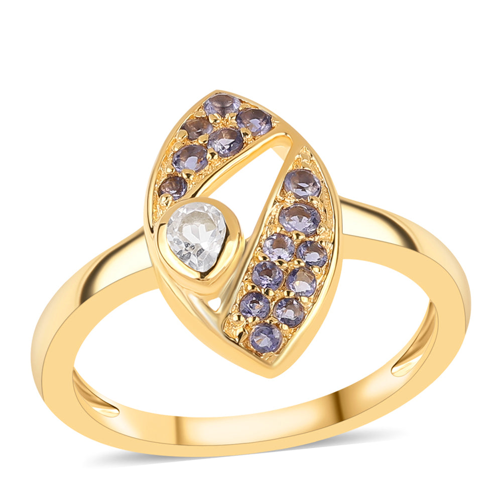 Pozlacený 925 / 1000 Sterlingové Stříbro Prsten s Iolitem a Bílým Topazem 1 