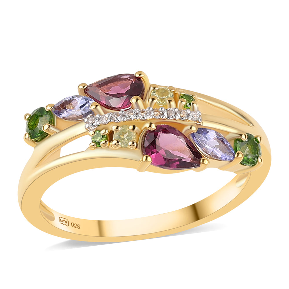 Pozlacený 925 / 1000 Sterlingové Stříbro Prsten s Rhodolitovým Granátem a Tanzanitem