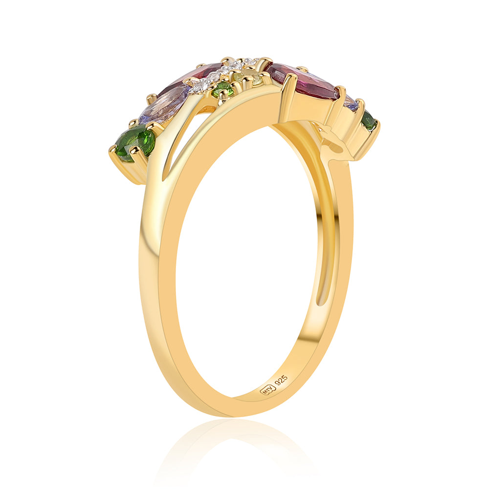 Pozlacený 925 / 1000 Sterlingové Stříbro Prsten s Rhodolitovým Granátem a Tanzanitem 3 