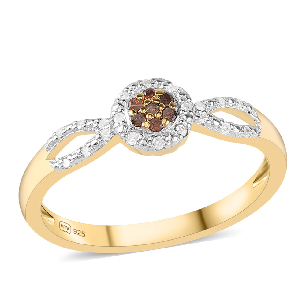 Pozlacené Stříbro 925/1000 - Prsten s Červeným Diamantem a Bílým Diamantem - Karátové číslo: 0.16. přibližná hmotnost: 2.41 gramů