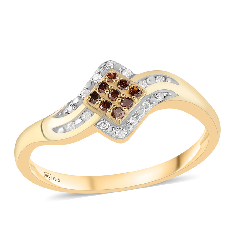 Pozlacený 925 / 1000 Sterlingové Stříbro Prsten s Červeným Diamantem a Bílým Diamantem 4 