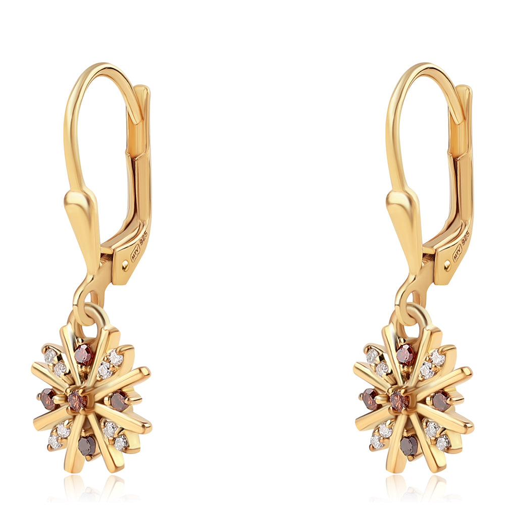 Pozlacené 925 / 1000 Sterlingové Stříbro Náušnice s Červeným Diamantem a Bílým Diamantem