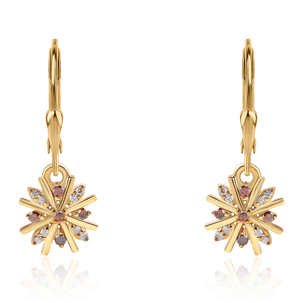 Pozlacené 925 / 1000 Sterlingové Stříbro Náušnice s Červeným Diamantem a Bílým Diamantem