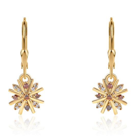 Pozlacené 925 / 1000 Sterlingové Stříbro Náušnice s Červeným Diamantem a Bílým Diamantem