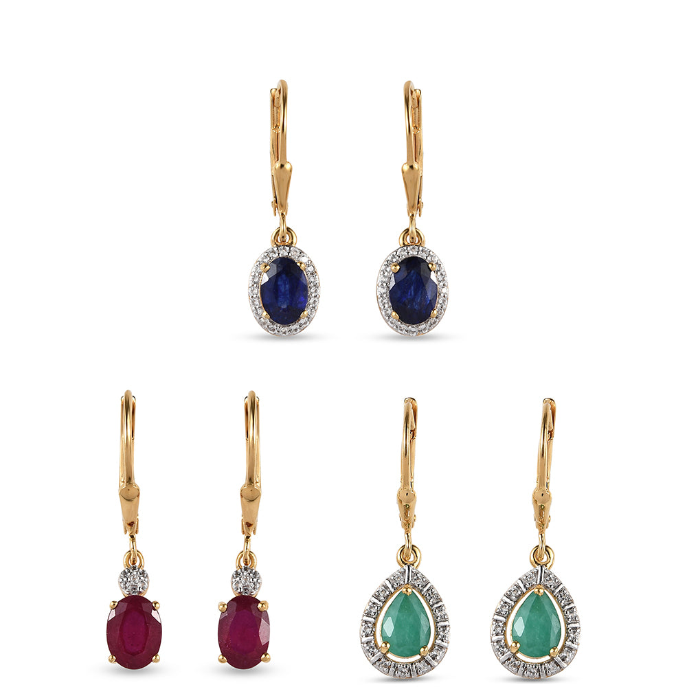 Pozlacená 925 / 1000 Sterlingové Stříbro Sada s Thajským Rubínem a Brazilským Smaragdem ( Náušnice ) 8 