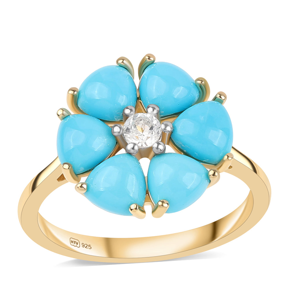 Pozlacené Stříbro 925/1000 - Prsten s Tyrkysem Sleeping Beauty a Bílým Topazem - Karátové číslo: 2.22. přibližná hmotnost: 2.69 gramů 1 