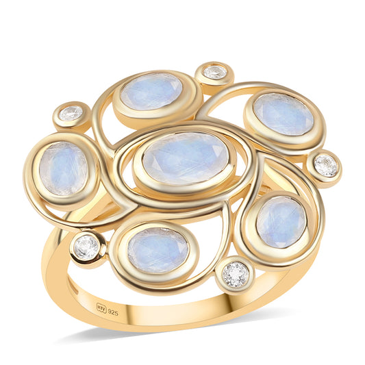 Pozlacený 925 / 1000 Sterlingové Stříbro Prsten s duhovým měsíčním kámenem tř. AA a Bílým Topazem